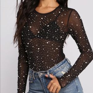 NWT Glam Goals Mesh Rhinestone and Pearl Bodysuit